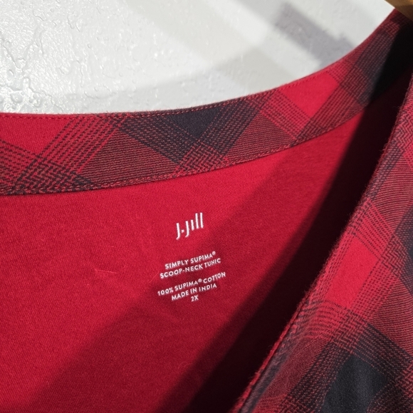 J. Jill 2X Simply Supima Cotton Red Black Plaid Scoop-Neck Tunic Shirt - Picture 3 of 4